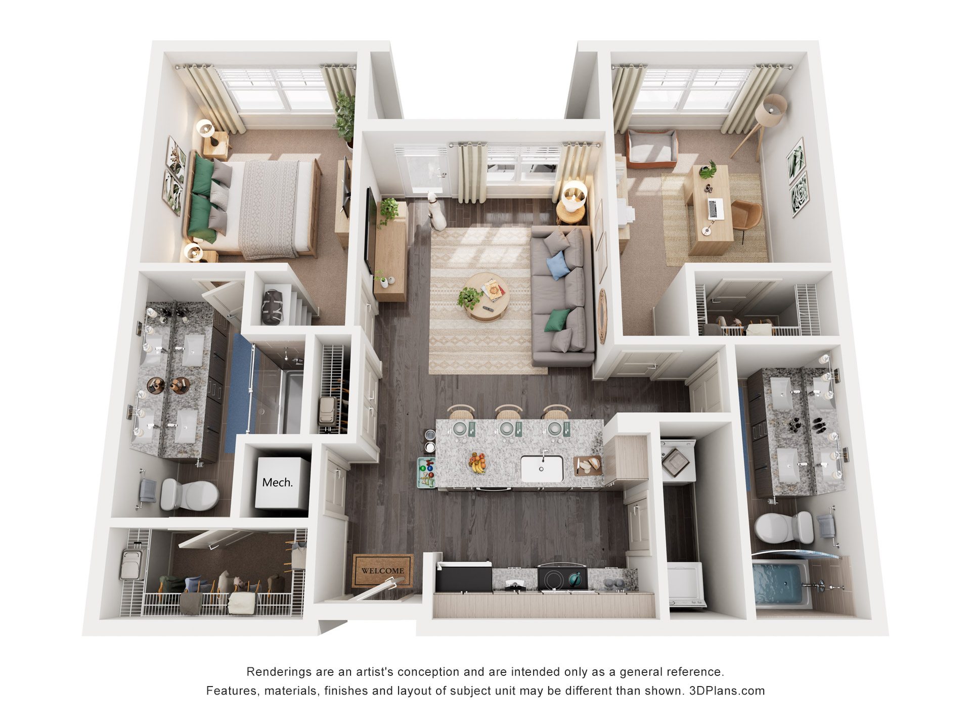 Floor plan for 2 beds, 2 baths, 1046 sqft